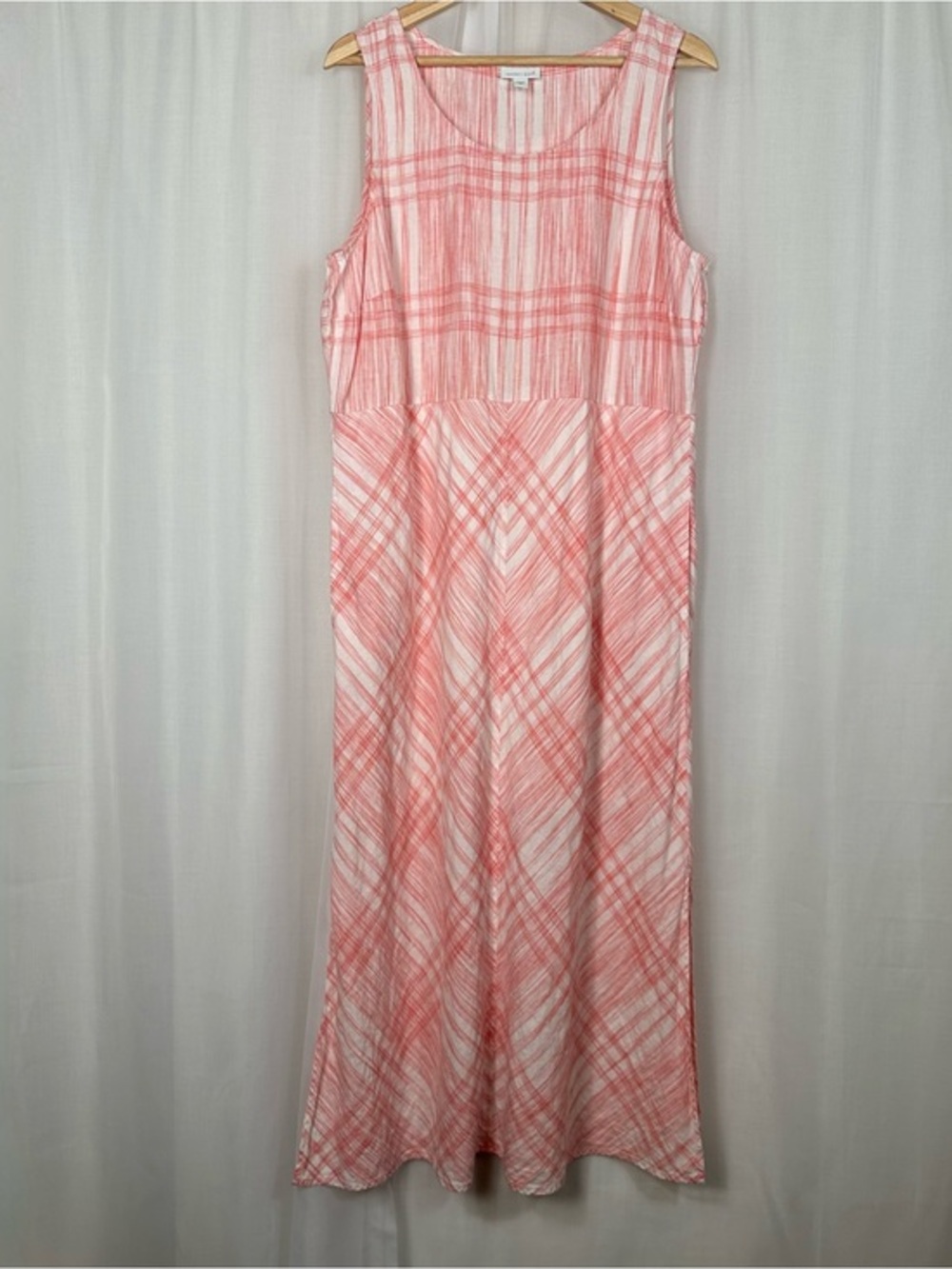 J Jill Love Linen Plaid‎ Maxi Shift Dress Size L Coral Sleeveless Coastal Lined